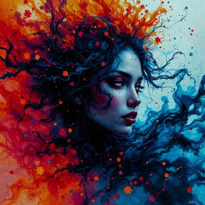 The primary subject of the image is a woman with long, flowing hair. She is wearing makeup and has a striking appearance. The setting is a colorful, artistic background that complements the woman's beauty. The visual style is a combination of digital art and illustration, creating a vibrant and captivating scene. The colors and mood of the image are predominantly blue and orange, which adds to the overall atmosphere and aesthetic appeal.